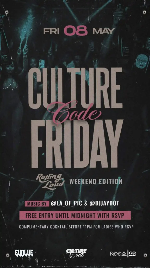 Promotional flyer for the Culture Code Friday: Rolling Loud Weekend Edition event at Room 22 in Orlando on Friday, May 8th. The graphic features a dark, energetic club scene with bottle service sparklers in the background.